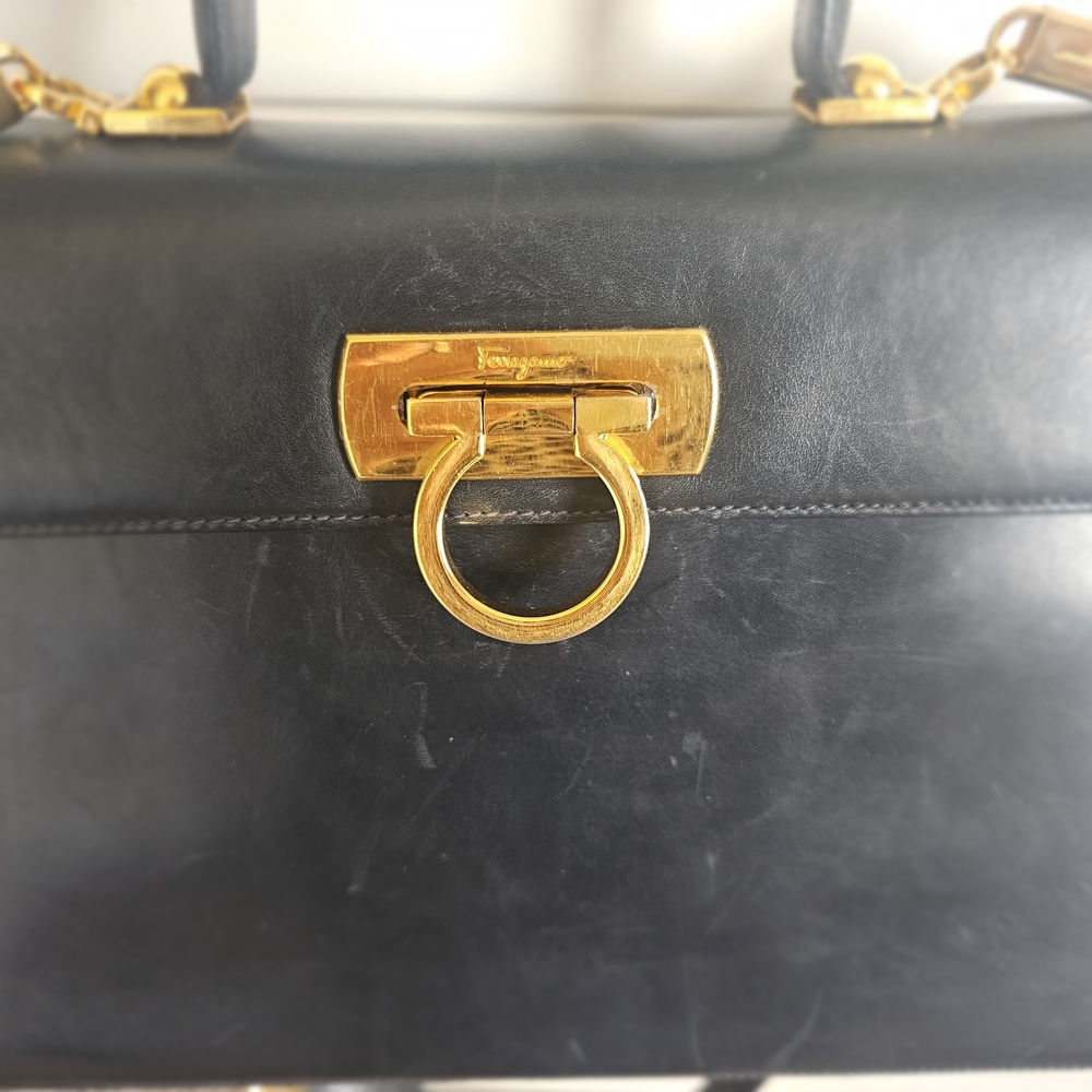 Salvatore Ferragamo Gancini Dark Navy  Satchel with Gold Hardware - Picture 2 of 12